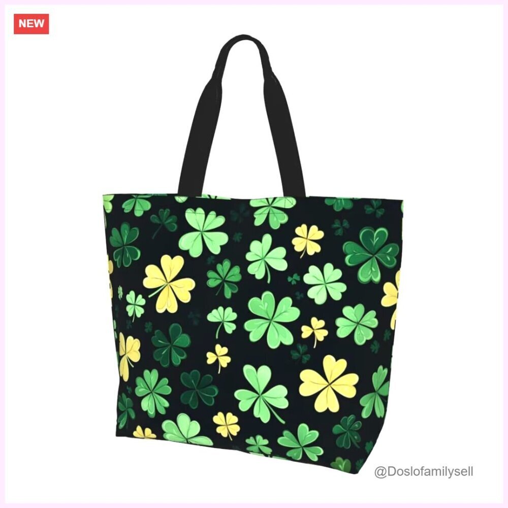 Large Zippered Tote Bag with Shamrock Print, Microfiber Fabric, 19.7x15.7x5.9